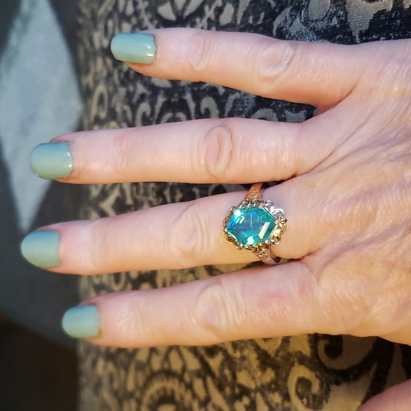 Peacock Quartz Hexagon Ring in Vermeil YG and Platinum Over Sterling Silver - Picture 6 of 11